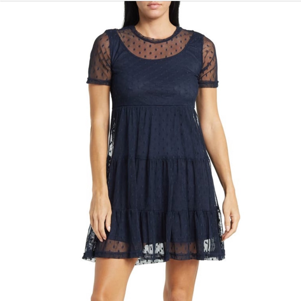 NWT Mesh Tiered Dotted Baby Doll Navy Blue Dress - Nordstrom / Love By Design